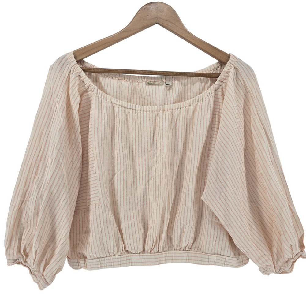 Holding Horses Blouse Womens Small Pink Striped Cotton Balloon Sleeve Crop Top